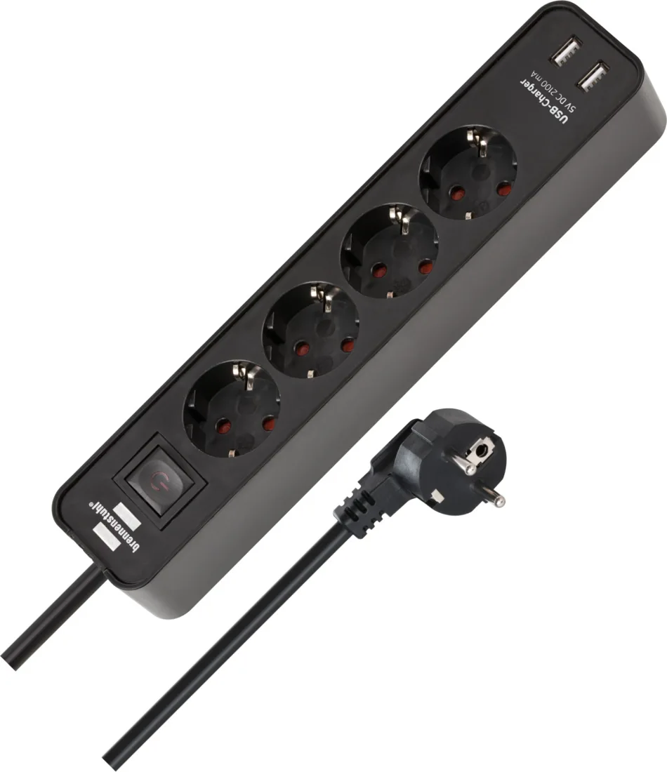 Extension Lead Ecolor with USB-Charger 4way black/black 1.5m H05VV-F 3G1.5 with switch