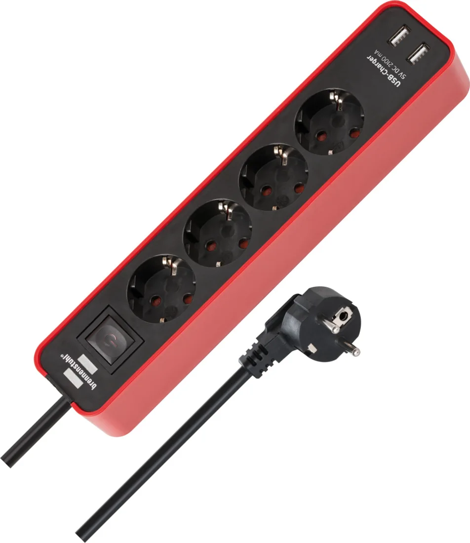 Ecolor power strip, 4-way with 2 USB charging ports, 1.5 m, red/black