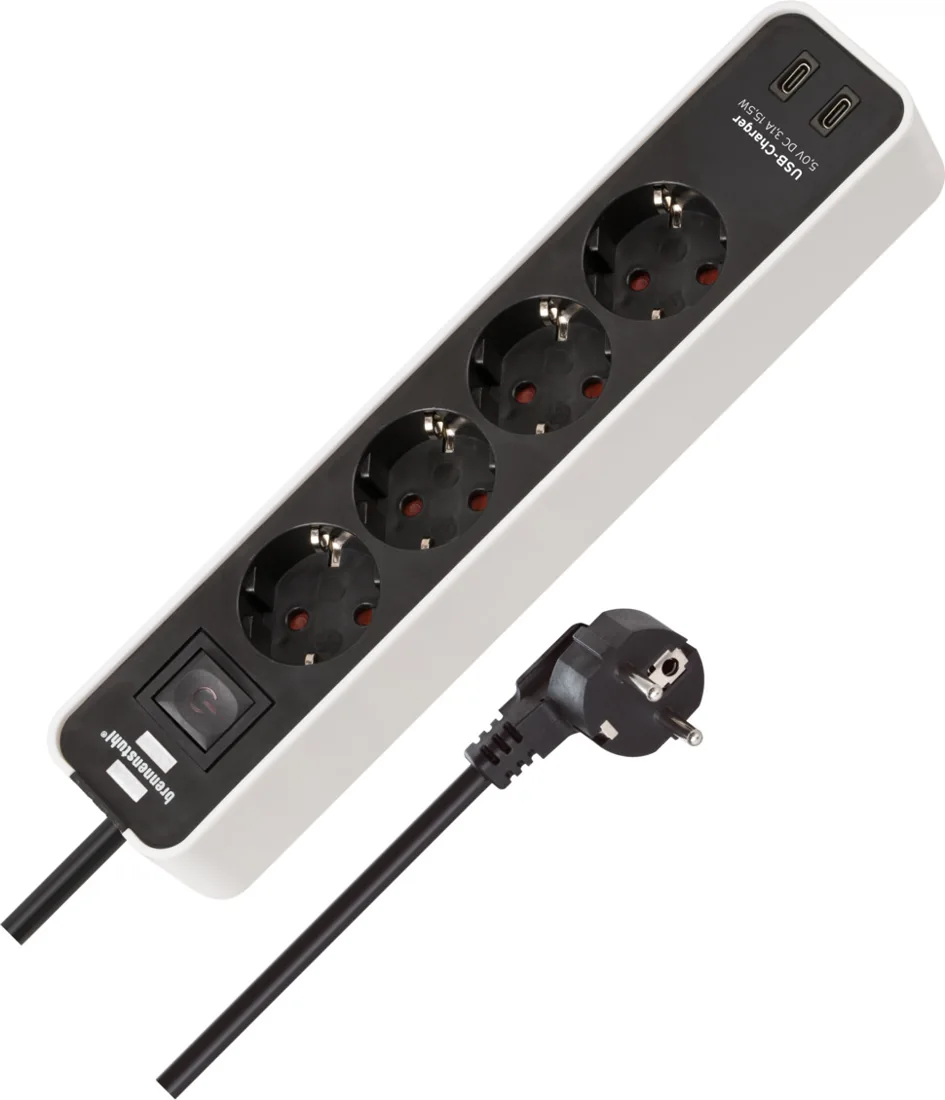 Ecolor extension lead with 2 USB C charging sockets 4 sockets white/black 1.5m H05VV-F3G1.5
