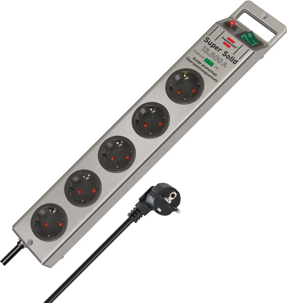 Super-Solid 13.500A extension lead with surge protection 5-way silver 2,5m H05VV-F 3G1,5