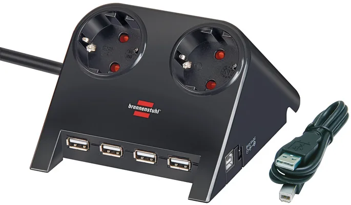 Desktop-Power-Plus with USB-Hub 2.0 2-way socket, black polished 1.8m H05VV-F 3G1.5