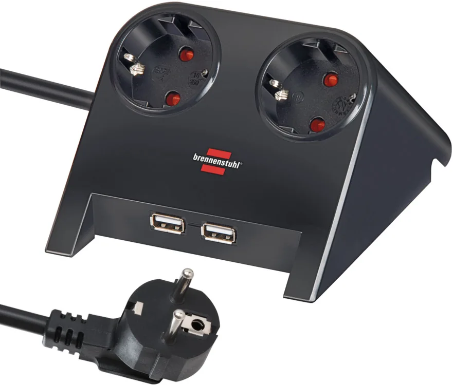 Desktop-Power USB-Charger with 2x USB-2.0 charger 2100mA 2-way socket, black polished 1.8m H05VV-F 3G1.5