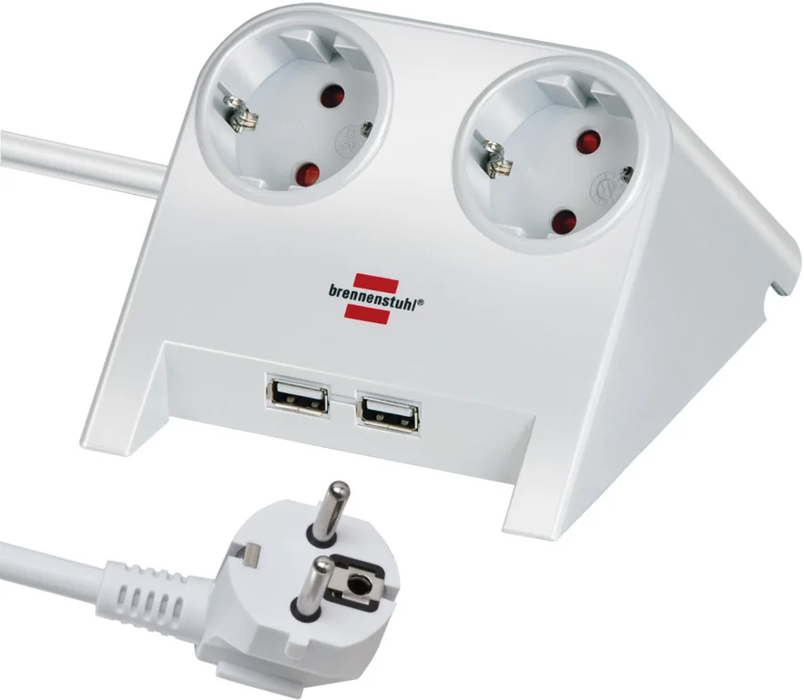 Desktop-Power USB-Charger with 2x USB-2.0 charger 2100mA 2-way socket, white polished 1.8m H05VV-F 3G1.5