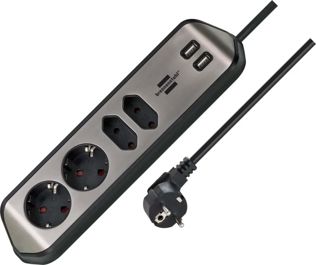 brennenstuhl®estilo corner extension lead with USB charging function 4-way 2x earthed sockets & 2x Euro sockets silver/black