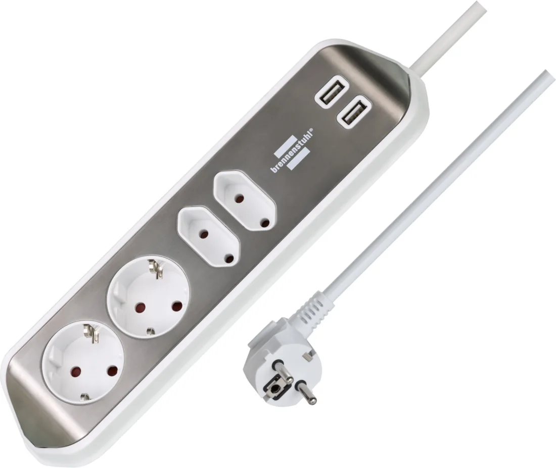 brennenstuhl®estilo corner socket strip with USB charging function 4-way 2x earthed sockets & 2x Euro silver/white