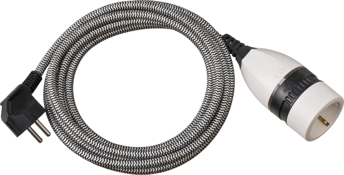 Quality Plastic Extension Cable with rotary switch and textile cladding 5m H05VV-F 3G1.5 black/white
