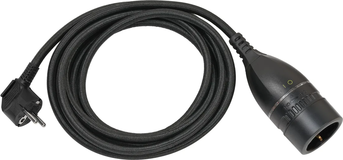 Quality Plastic Extension Cable with rotary switch and textile cladding 5m H05VV-F 3G1.5 black