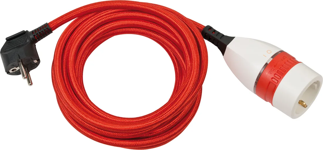 Quality Plastic Extension Cable with rotary switch and textile cladding 5m H05VV-F 3G1.5 red/white/black