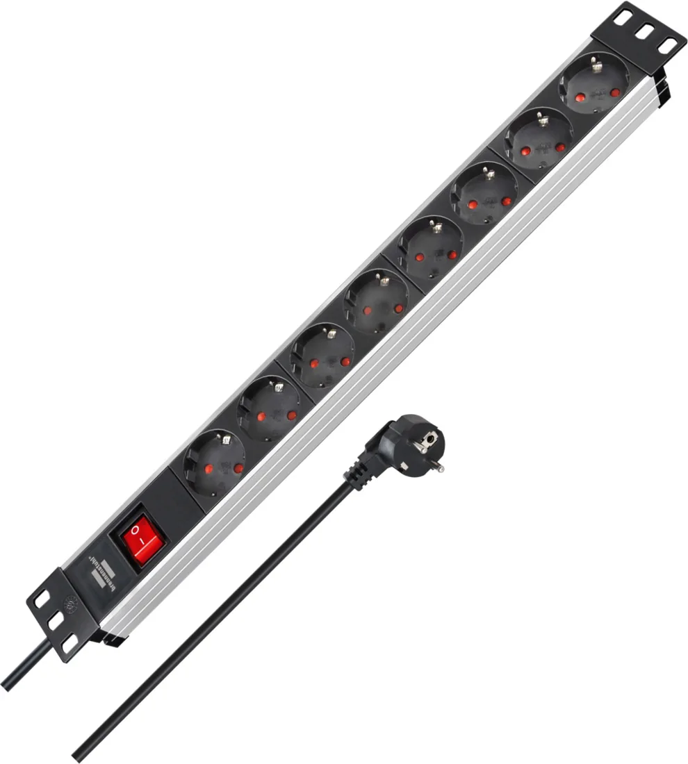 Alu-Line 19" extension lead 8-way 2m H05VV-F 3G1,5 with switch, black/silver