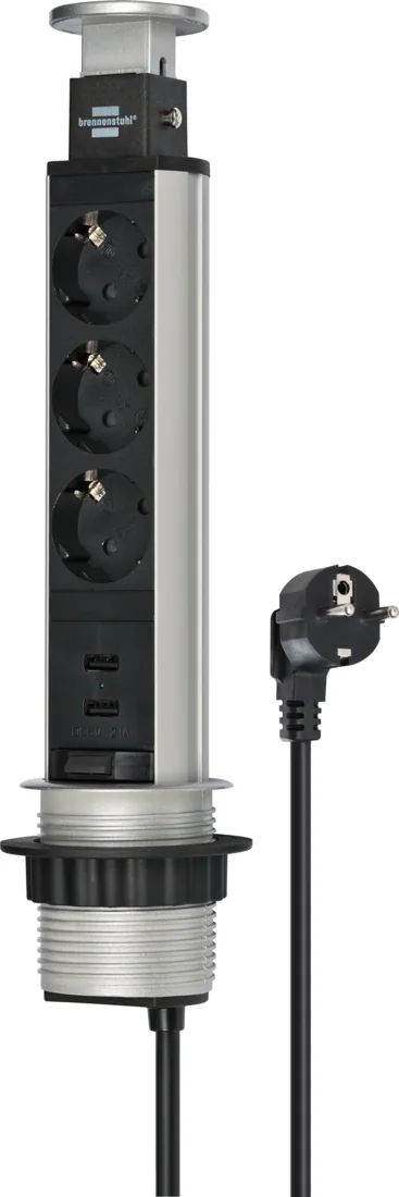 Tower Power USB-Charger Desktop Extension Lead 3-way with 2-port USB charger 2m H05VV-F 3G1,5, fully retracts into the desk