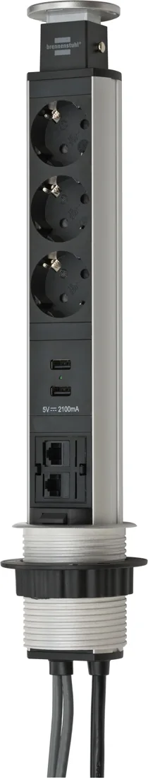 Tower Power USB-Charger and LAN Pop-Up extension lead 3-way 2xLAN-RJ45, 2xUSB, 2m H05VV-F 3G1.5 silver/black