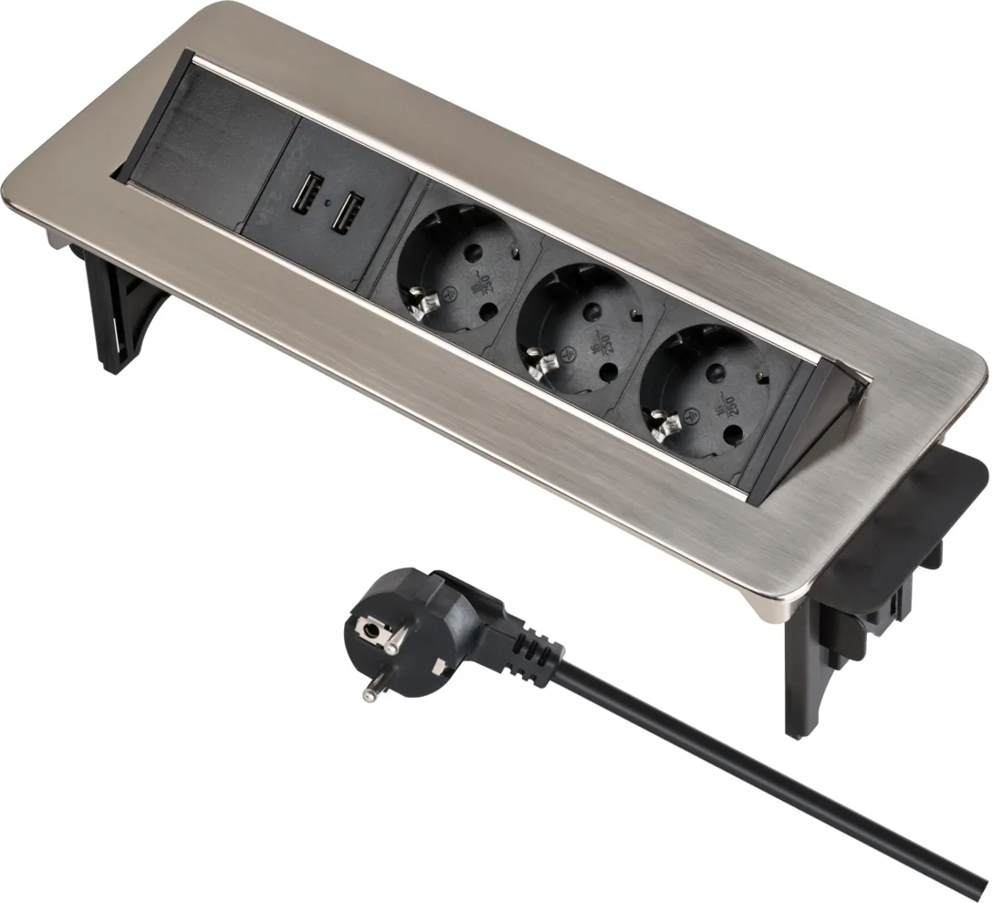 Indesk Power USB charger table outlet strip 3-way, 2xUSB, 2m H05VV-F 3G1.5